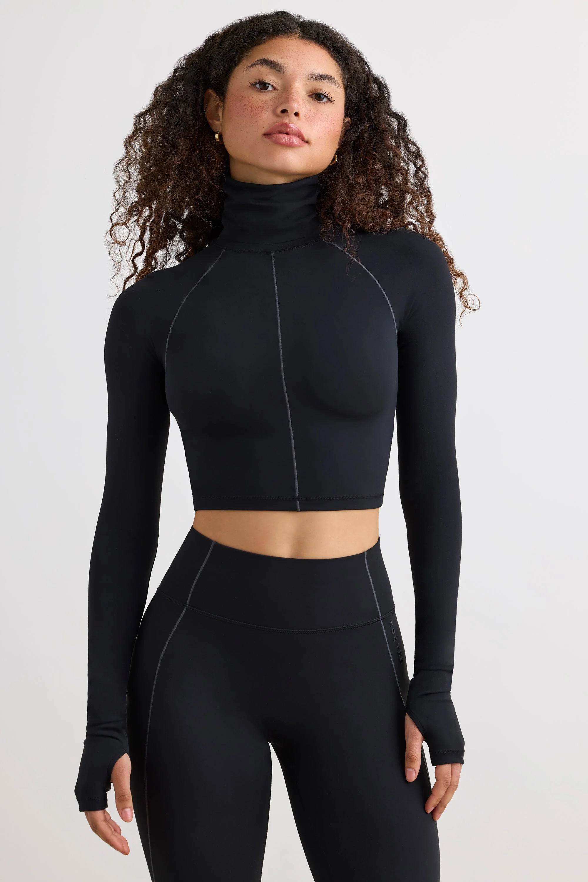 Green Soft Active Turtleneck Crop Top in Black Unique