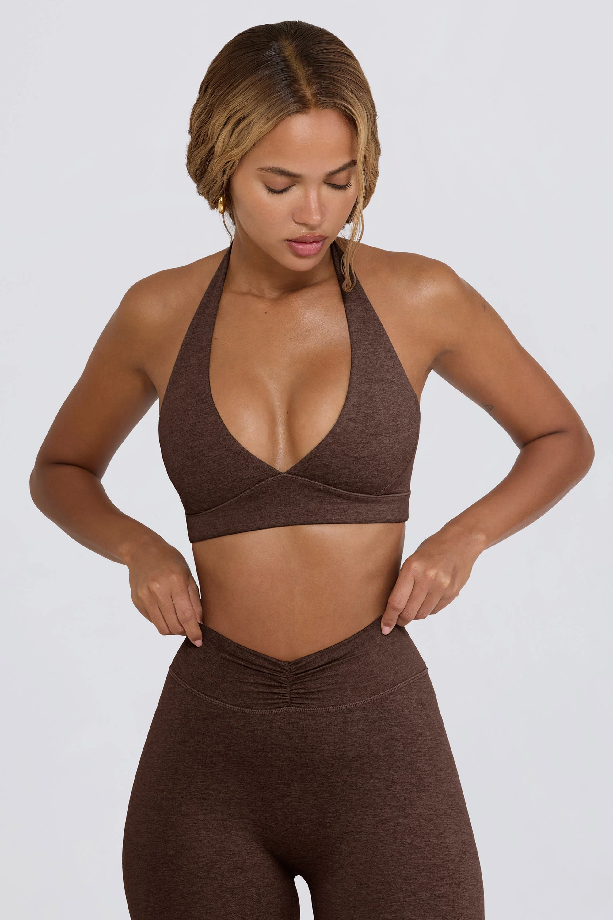 Selected Brushed Jersey V-Neck Sports Bra in Pecan Marl Environmentally Friendly