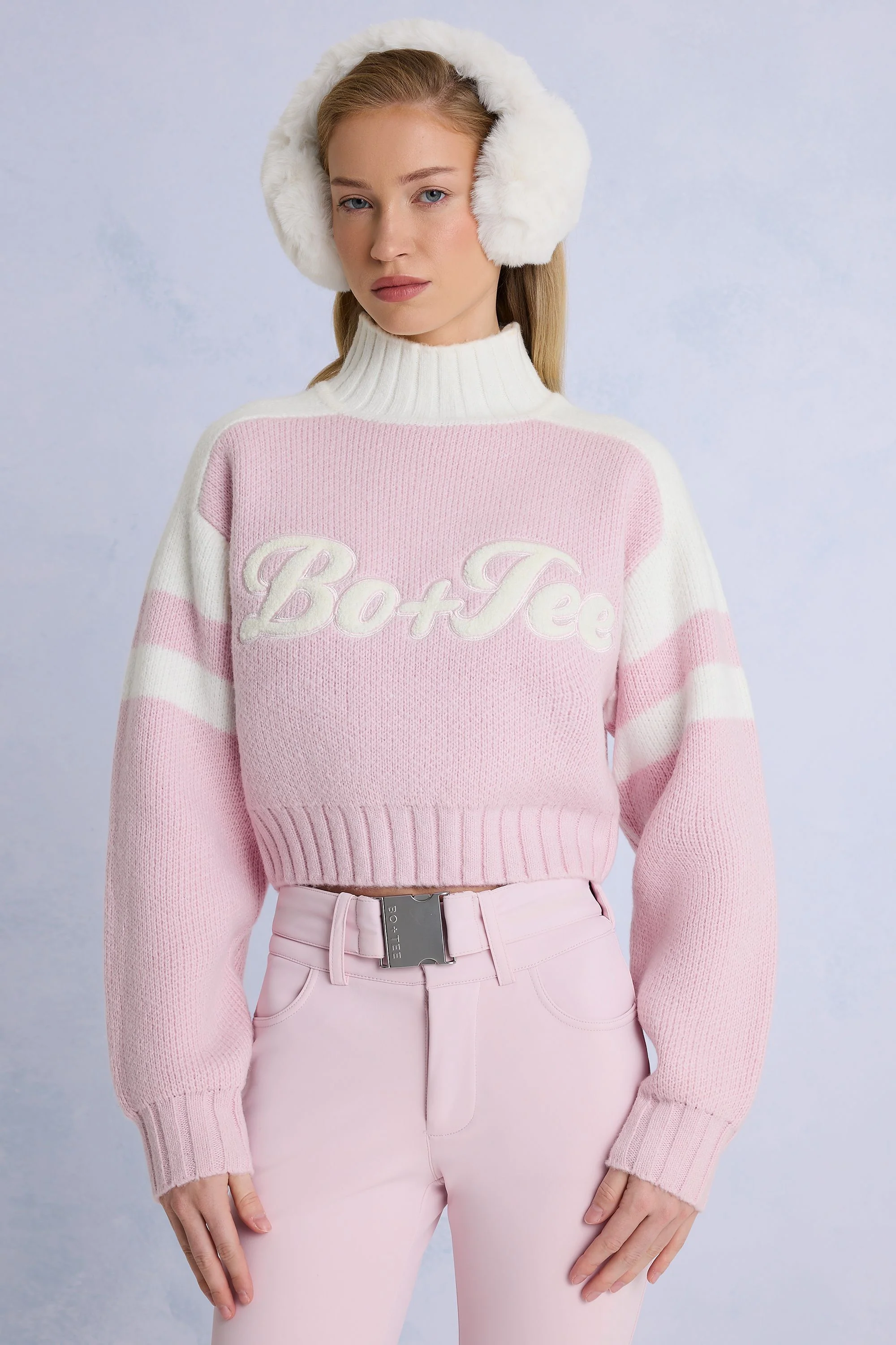 Practical Knit Logo Cropped Jumper in Powder Pink Classic