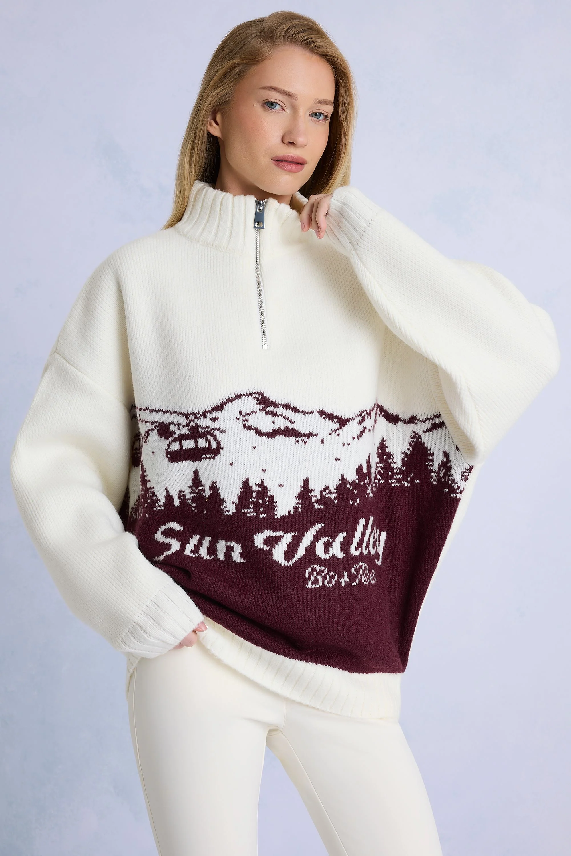 Easy-to-Use Knit Quarter-Zip Turtleneck Oversized Jumper in Burgundy Authentic