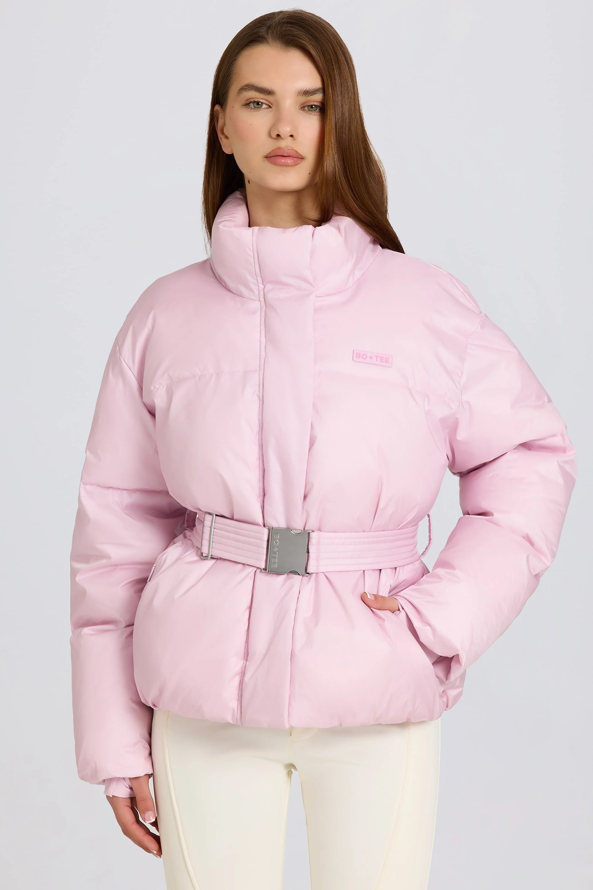 Fine Waterproof Belted Oversized Ski Jacket in Powder Pink Premium Material