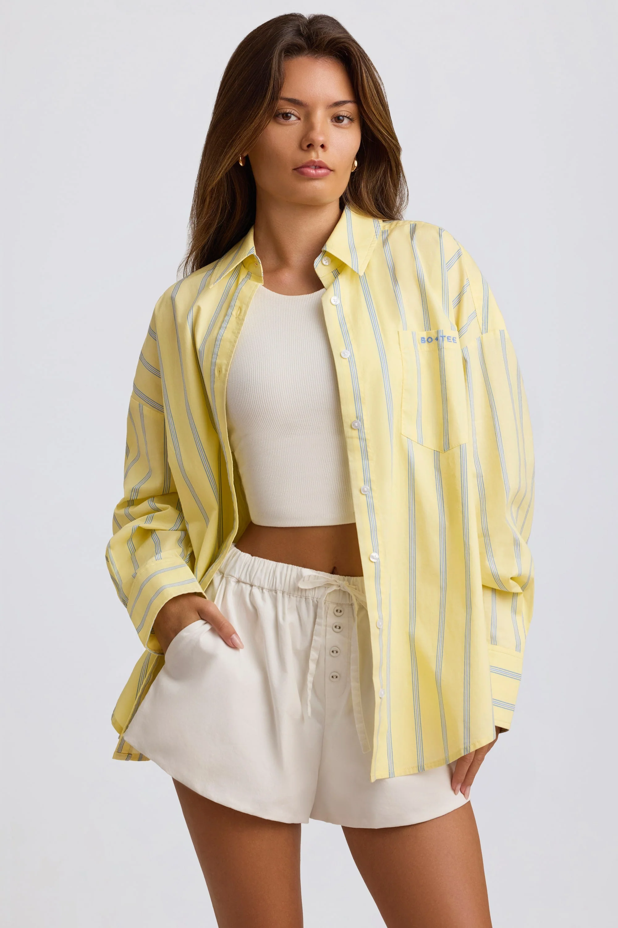 Outstanding Cotton Poplin Stripe Oversized Shirt in Yellow Stripe Reusable