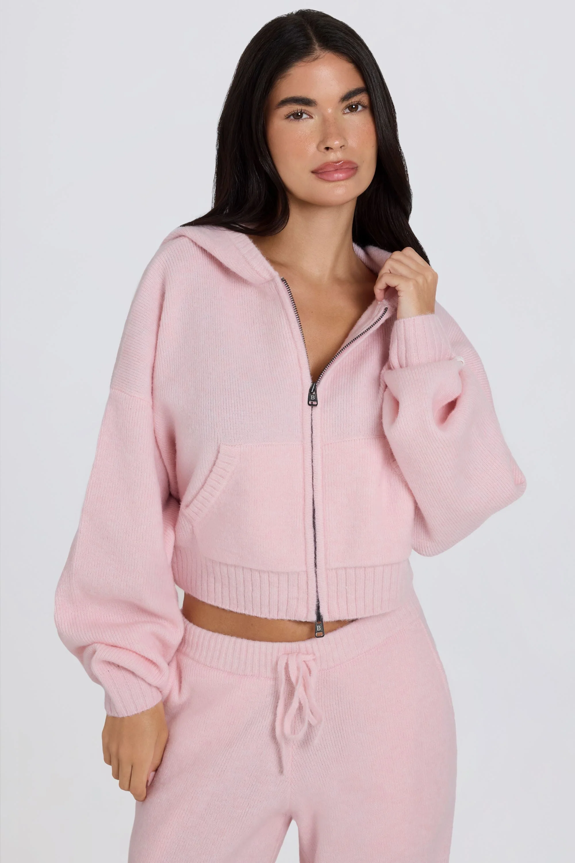 Flexible Soft Knit Zip-Up Cropped Hoodie in Soft Pink Sustainable