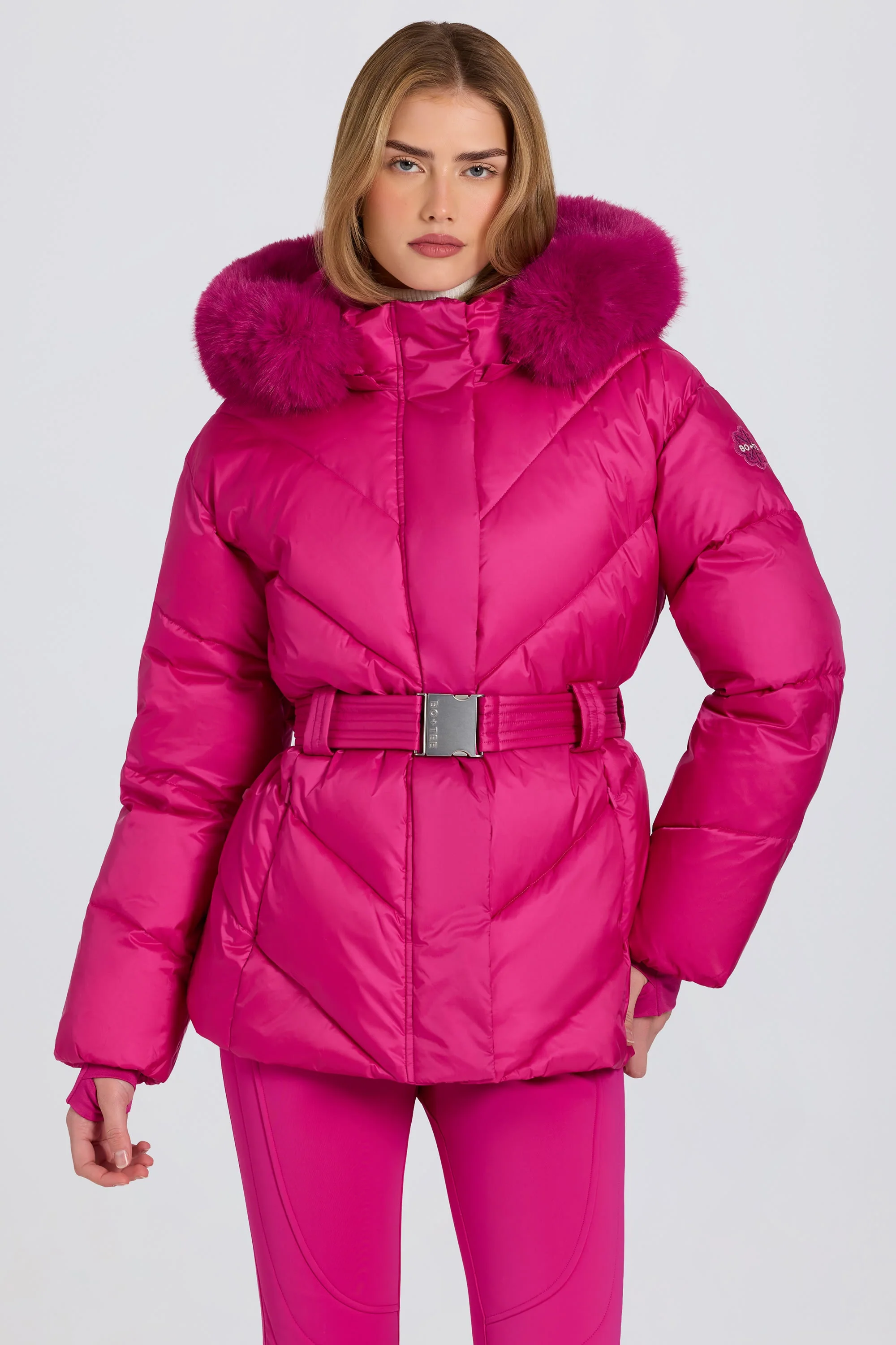 Natural Waterproof Faux-Fur Hood Ski Jacket in Magenta Pink Reusable