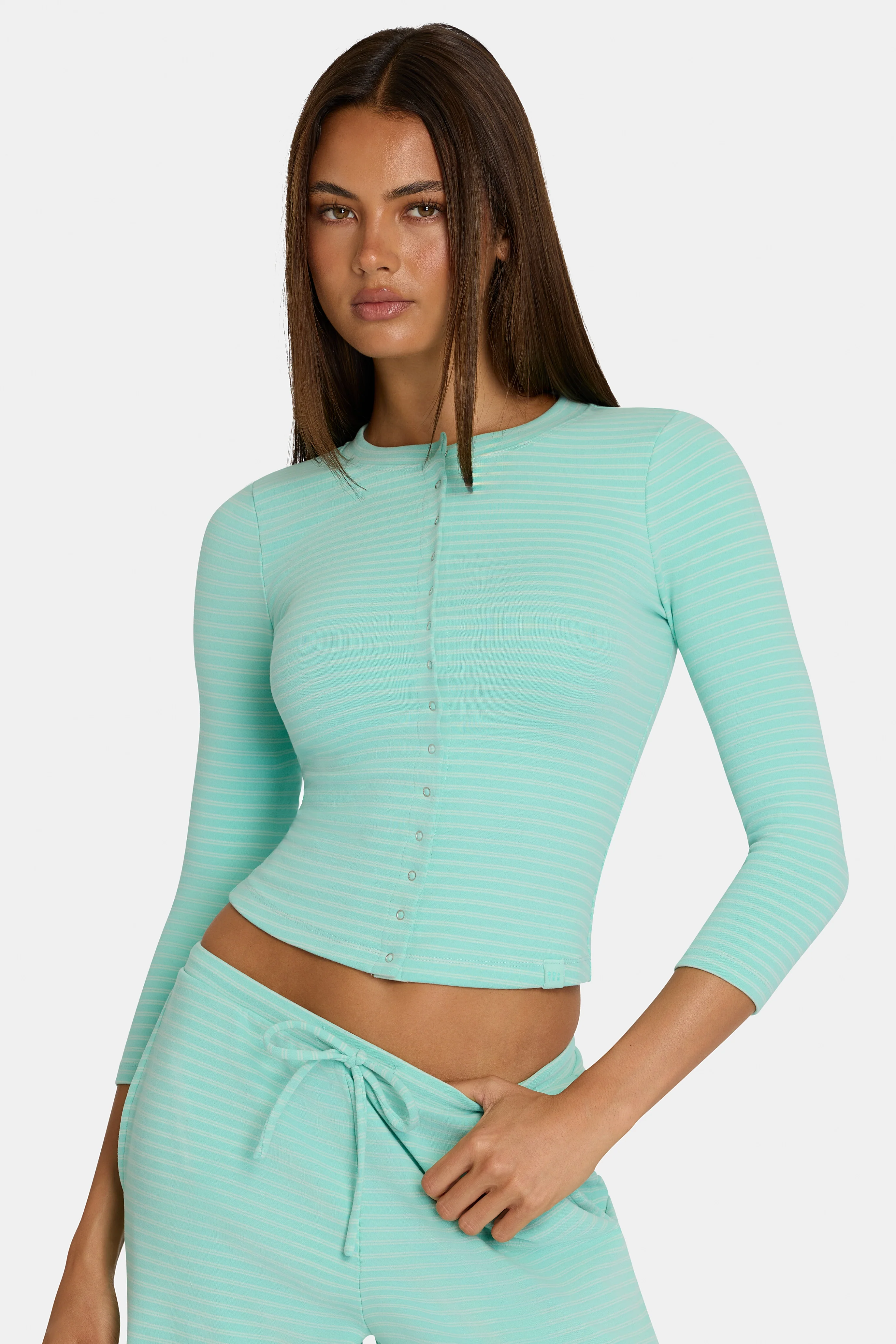 Minimalist Brushed Jersey Crewneck Cardigan in Aqua Stripe User-Friendly