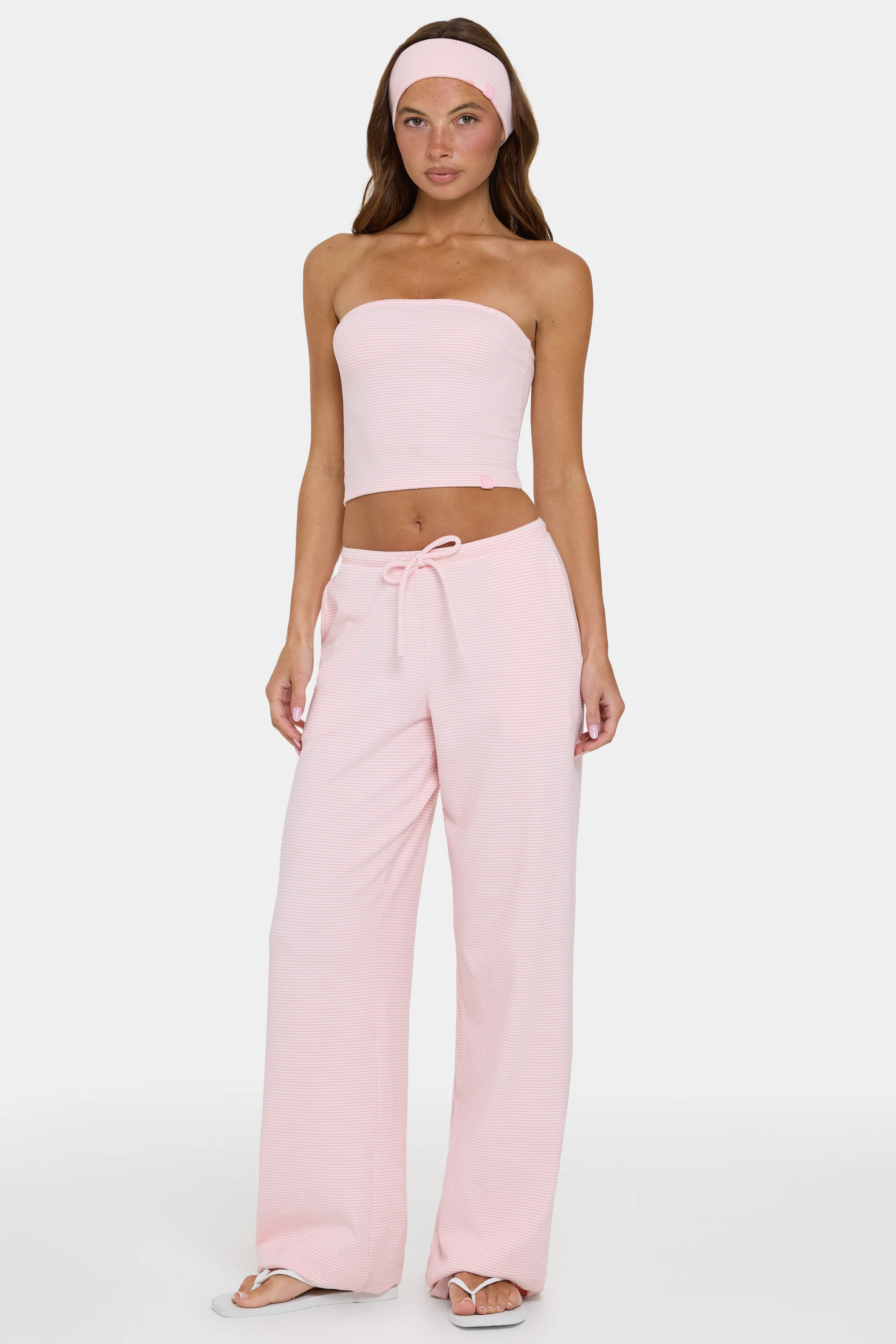 Convenient Ribbed Jersey Low-Rise Trousers in Peach Stripe Long-Lasting