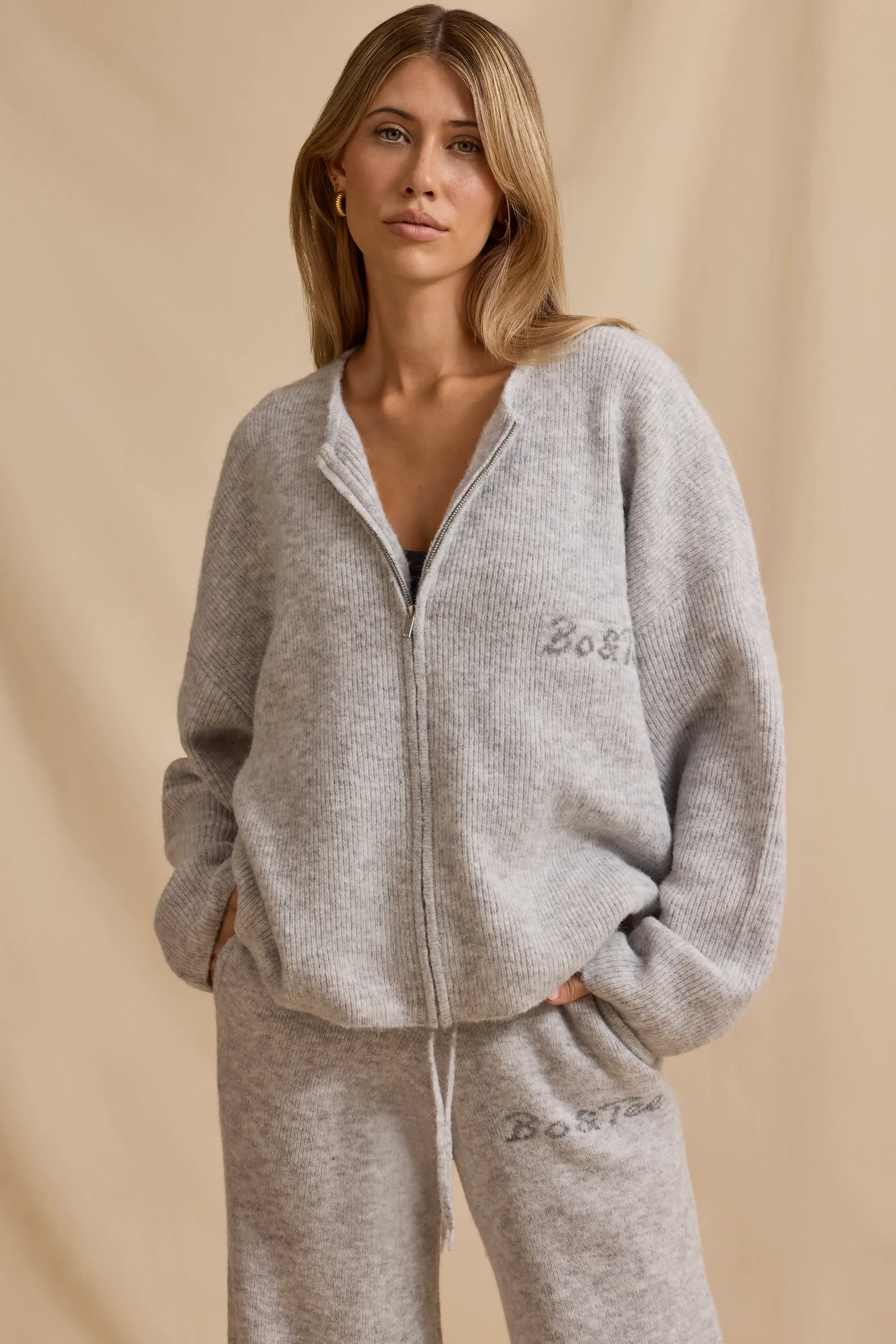 Exclusive Oversized Zip-Up Cardigan in Ice Marl Solid