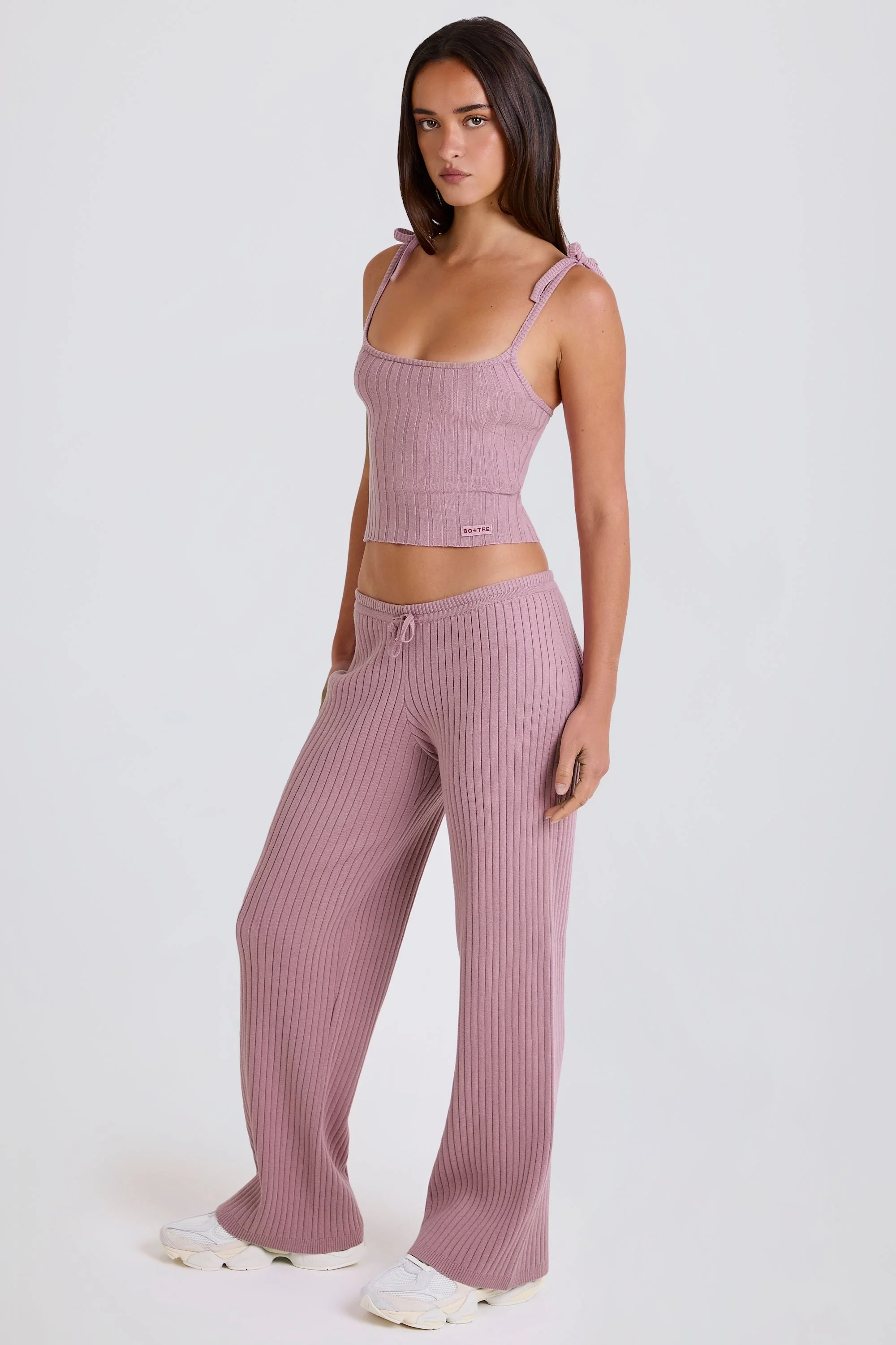 Exceptional Ribbed Knit Wide-Leg Joggers in Mauve Unique