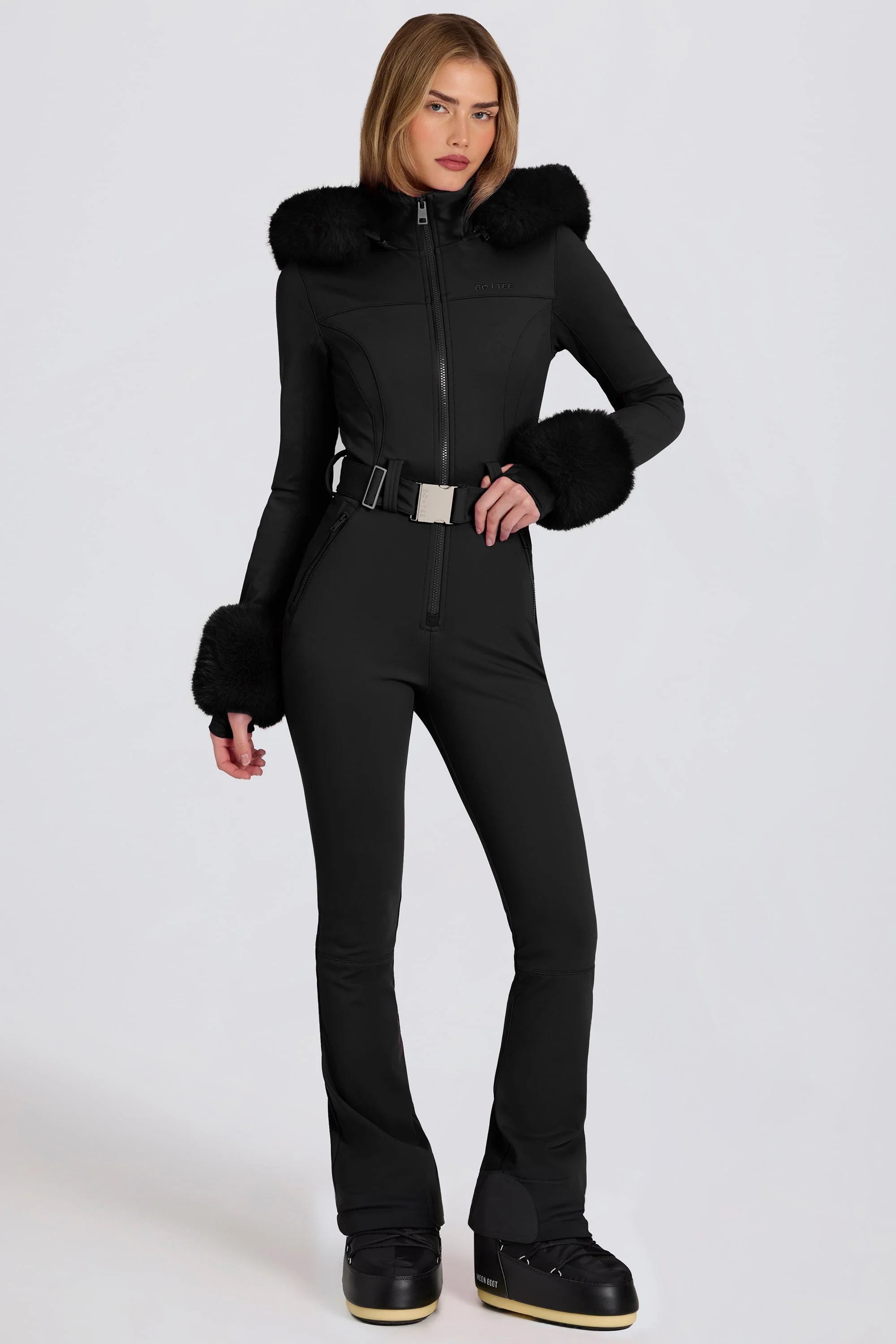 Unique Waterproof Faux-Fur Hood Fitted Ski Suit in Black Superior