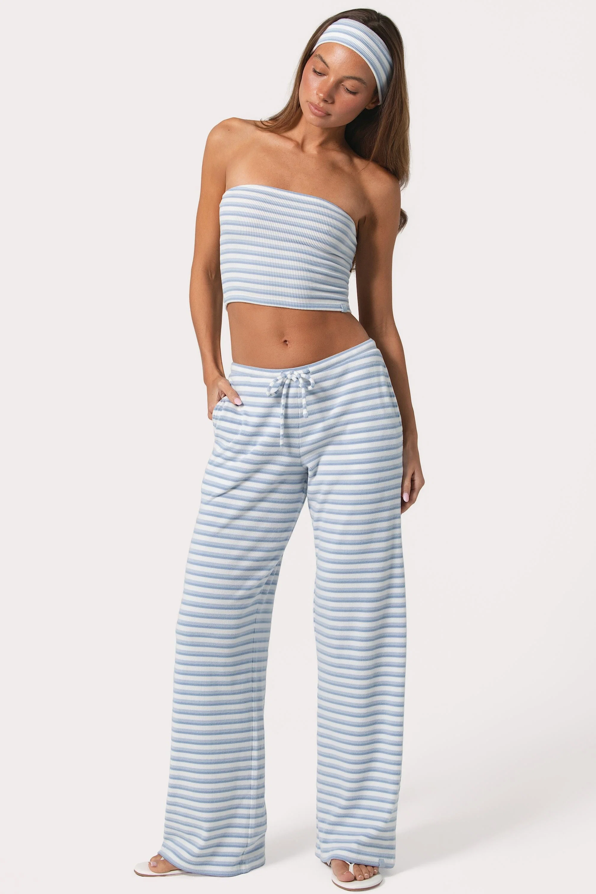 Top-Quality Ribbed Jersey Low-Rise Trousers in Blue Stripe Soft