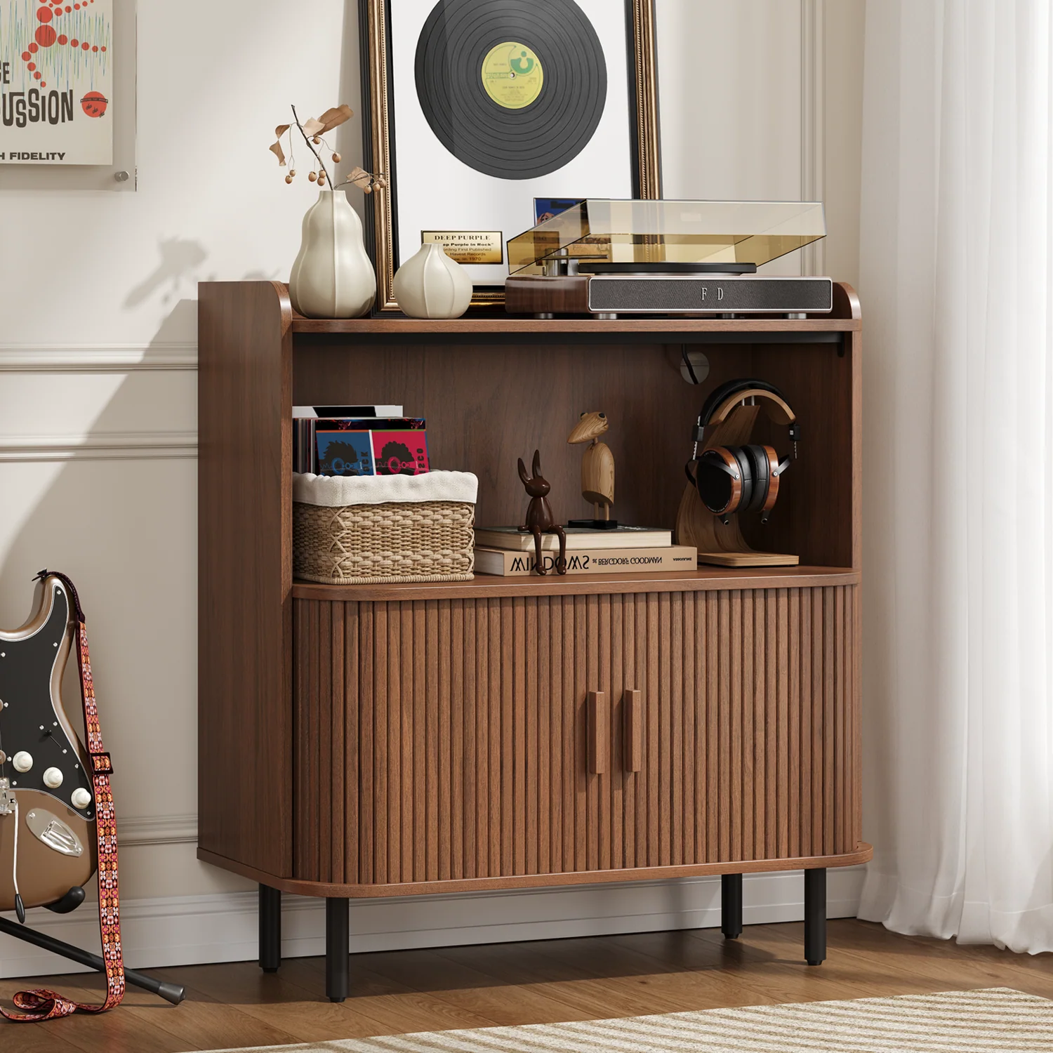 High-End Record Player Stand with Vinyl Storage Up to 300 Albums Turntable Stand with Sliding Doors Charging Station Metal DividerRecord Player Stand with Vinyl Storage Up to 300 Albums Turntable Stand with Sliding Doors Charging Station Metal Divider Prestigious