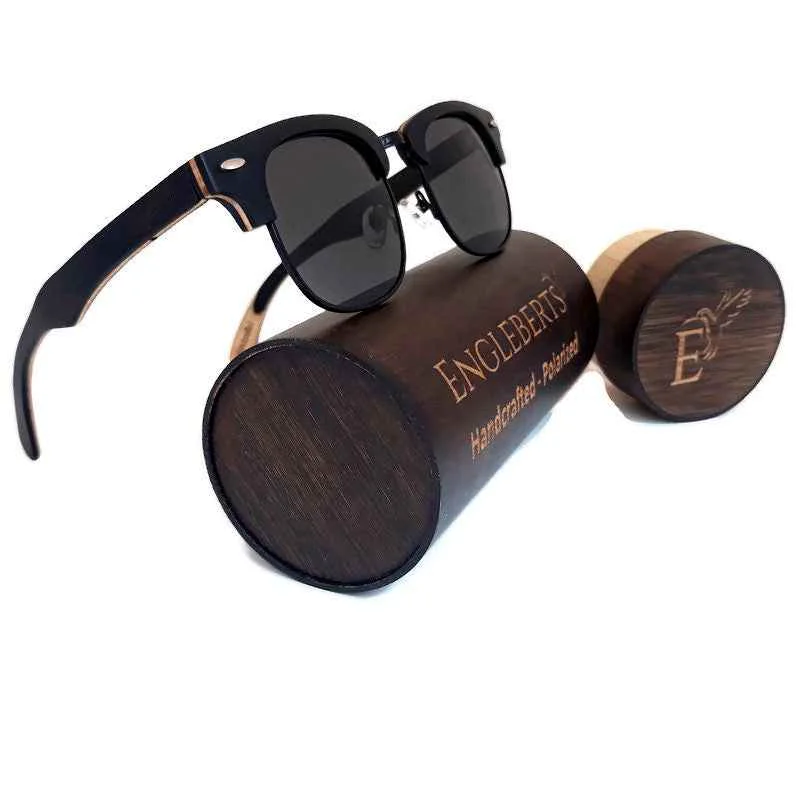 Contemporary Engleberts Multi-Layer Sunglasses with Gray Polarized Lenses and UV400 Protection in Wooden Case Secure