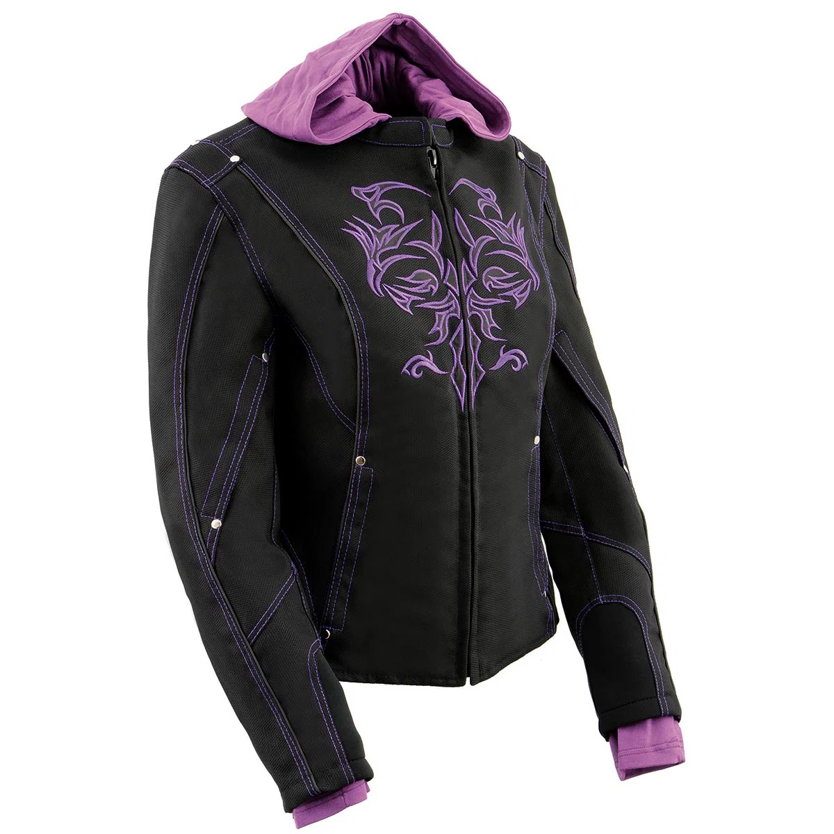 Safe Milwaukee Leather MPL1967 Women’s 3 4 Hooded Black and Purple Textile Jacket with Reflective Tribal Detail First-Class
