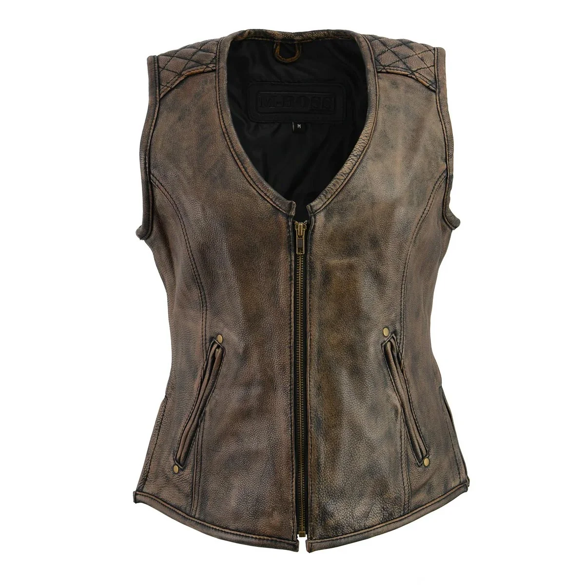 Fine Crafted M Boss Motorcycle Apparel BOS24501 Women’s Black and Beige Leather Plain Side Motorcycle Biker Rider Vest Convenient