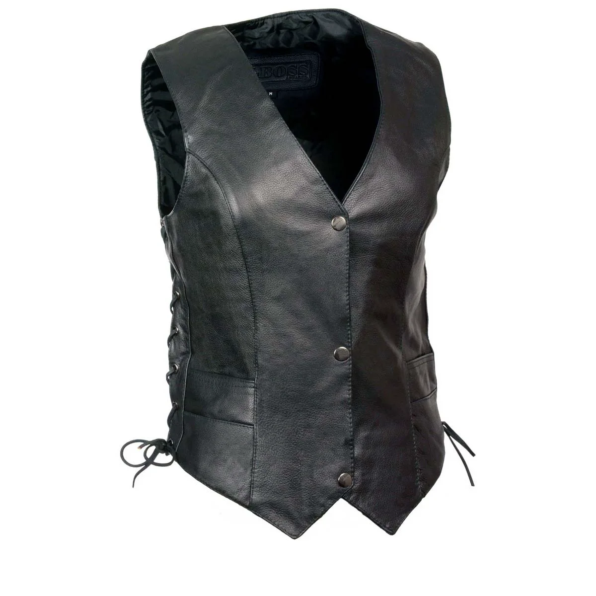 Selected M Boss Motorcycle Apparel BOS24502 Women’s Classic Black Leather Snap Front Motorcycle Vest with Side Laces Quality