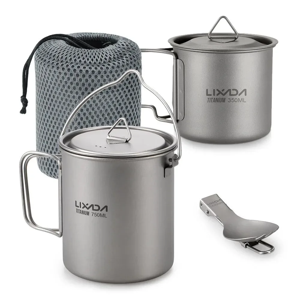 Certified Titanium Camping Pot Cup Set with Folding Spork – Ultralight Cookware for Backpacking Outdoor Cooking 2 or 3-Piece High-Performance