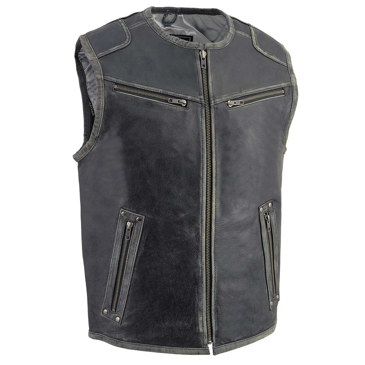 Green Milwaukee Leather MLM3536 Men’s Distressed Grey Leather Collarless Motorcycle Rider Vest Genuine