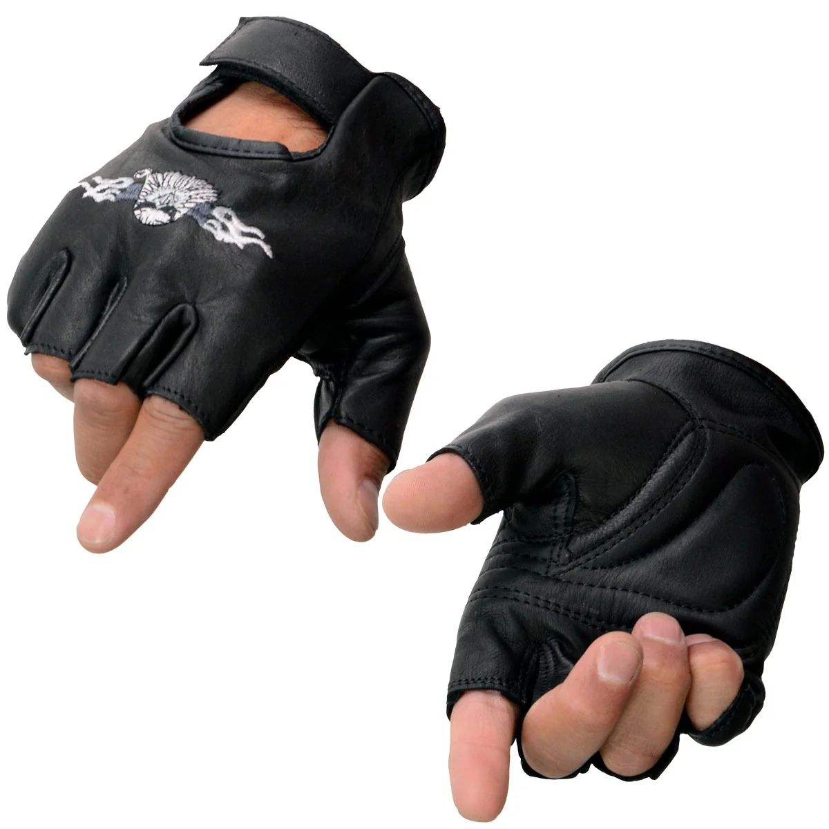 Premium Material Milwaukee Leather SH352 Men’s Black Leather Gel Padded Palm Fingerless Motorcycle Hand Gloves W Embroidered Flaming Eagle Contemporary