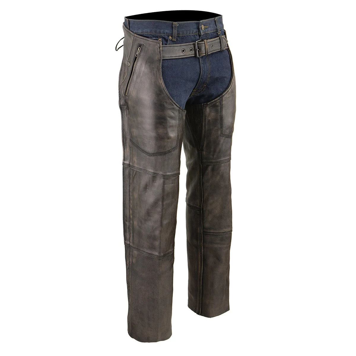 Clean Milwaukee Leather Chaps for Men’s Distressed Brown Leather Snap Out Thermal Lined 4-Pockets Motorcycle Chap MLM5500 Top-Quality