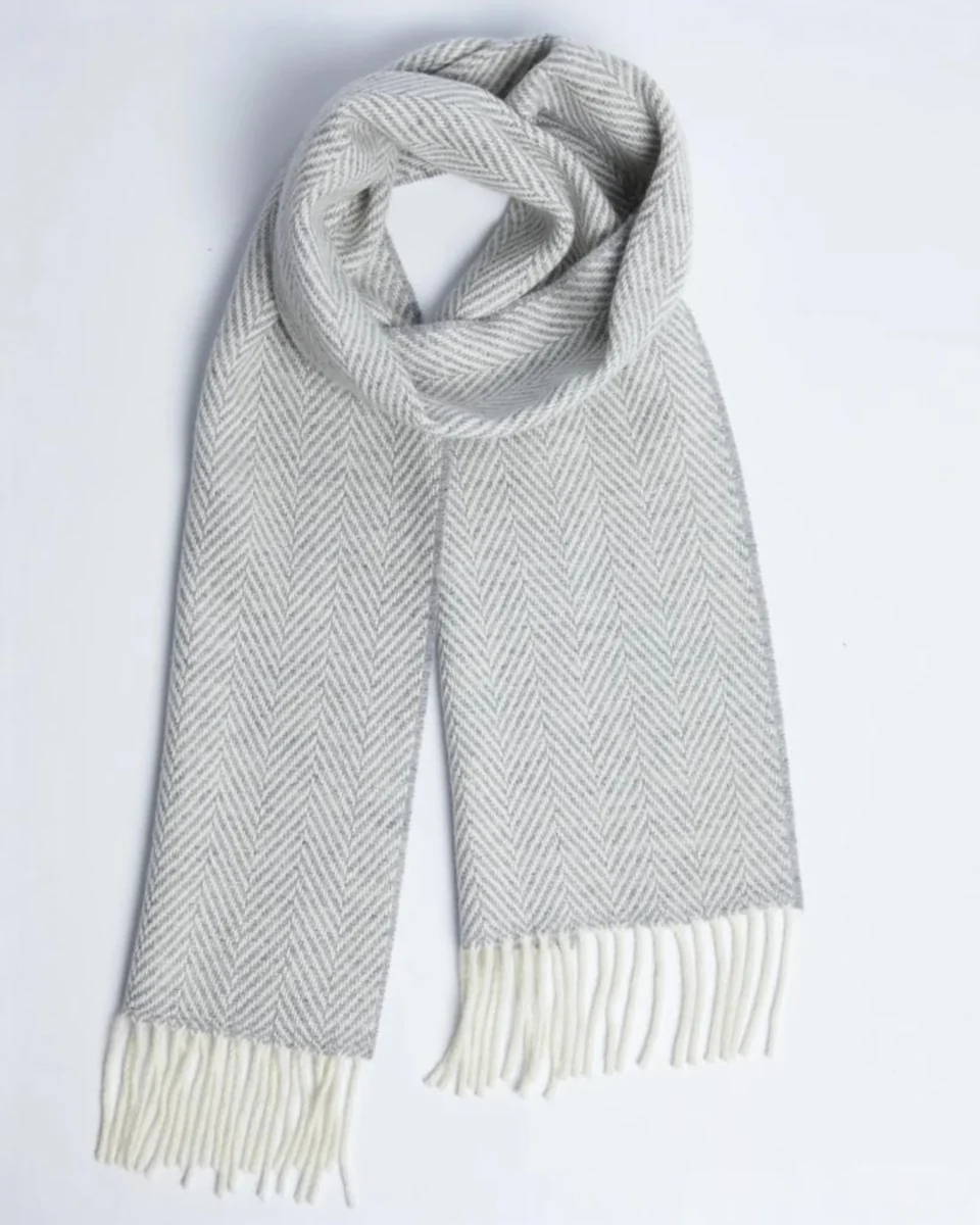 Fashionable Foxford Pearl Grey Herringbone Cashmere Blend Scarf Fine