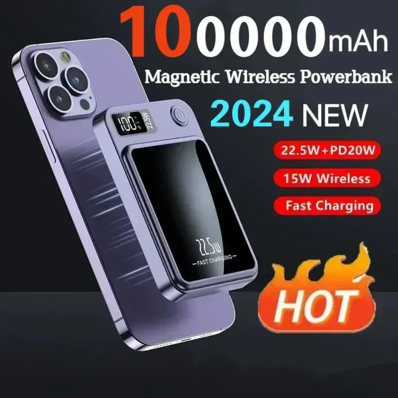 Traditional 100000mAh Magnetic Qi Wireless Power Bank – 22.5W Fast Charging Solar Panel LED Lamp CE Fashionable