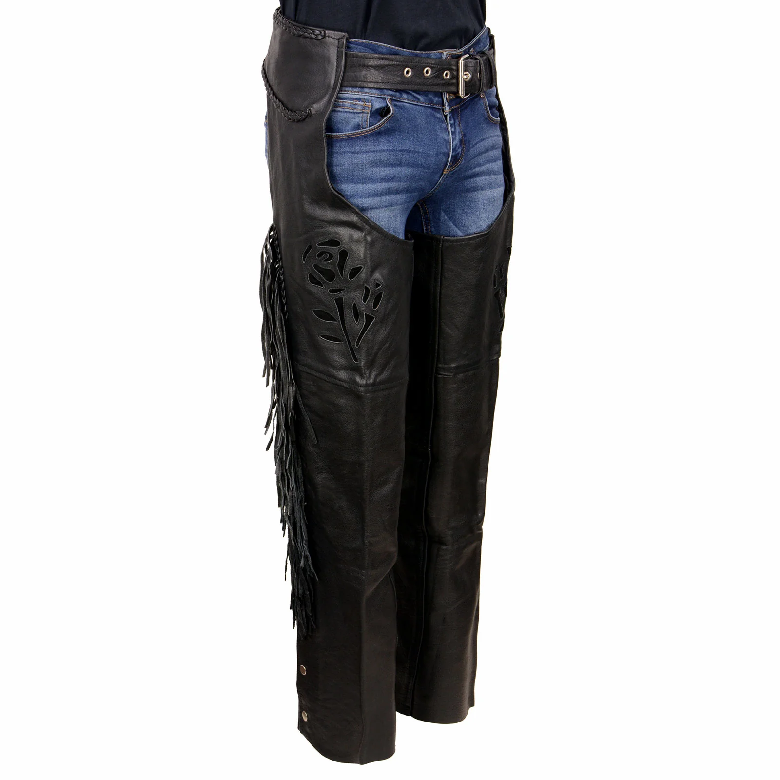 High-Grade Milwaukee Leather SH1116 Women’s Classic Braided Fringed Black Leather Motorcycle Chaps w Black Rose Embroidery Natural