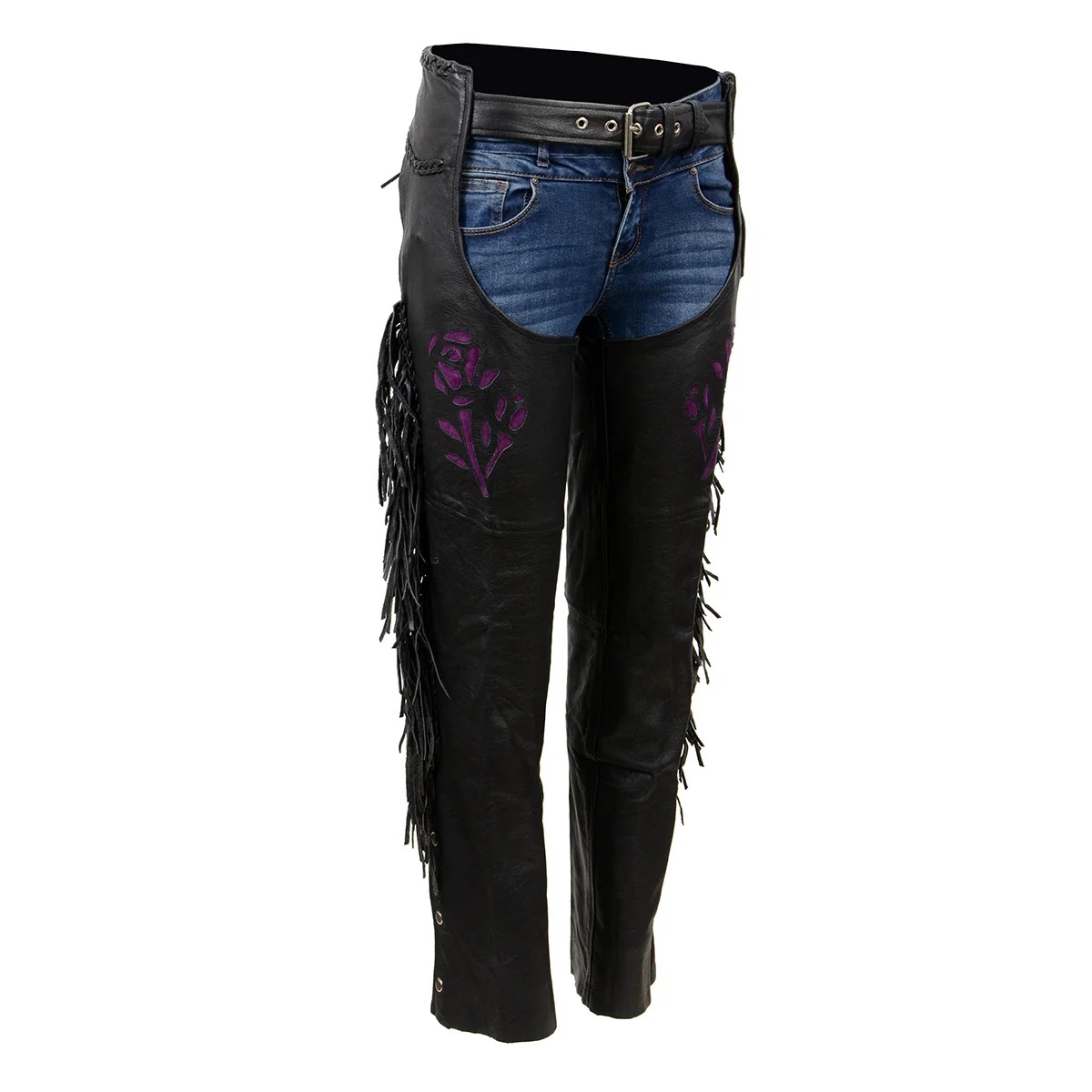 Organic Milwaukee Leather SH1116 Women’s Classic Braided Fringed Black Leather Motorcycle Chaps w Purple Rose Embroidery Professional
