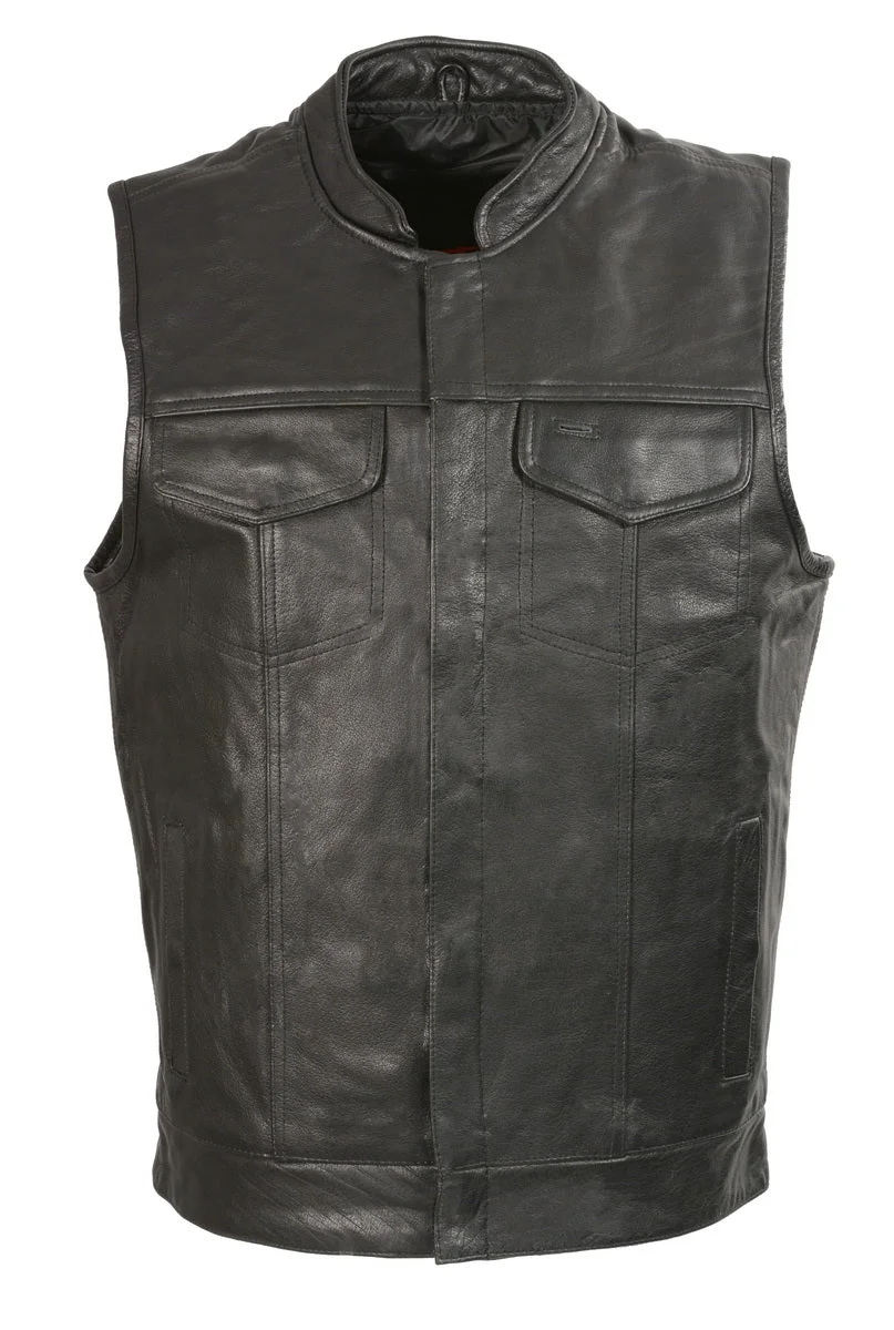 Expertly Made Club Vest CVM2036 Men s Leather Black Open Collar Vest with Snap Buttons Certified