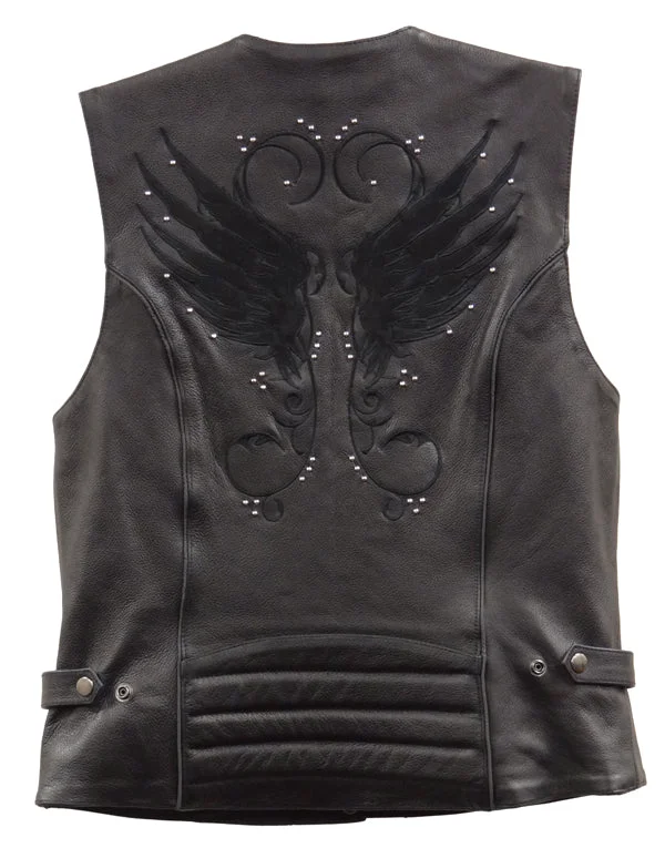 Artisan Milwaukee Leather XS1293 Ladies Winged Solid Black Studded Leather Vest High-Grade