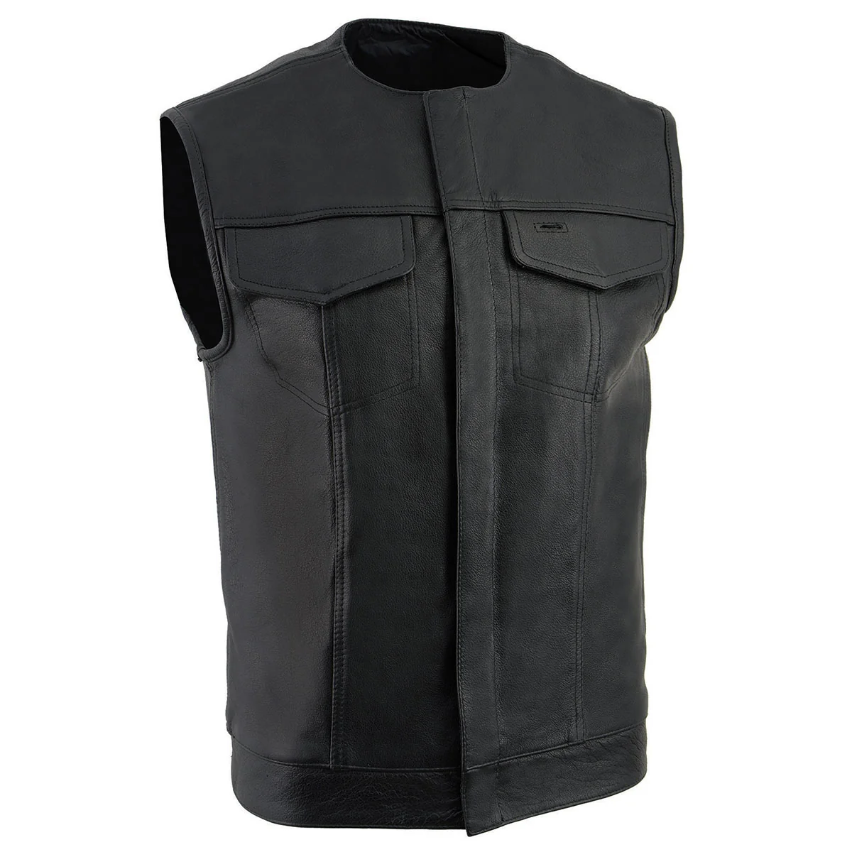 Authentic Milwaukee Leather LKM3721 Men’s Black Leather Collarless Club Style Motorcycle Rider Vest w Concealed Snap Closure Functional