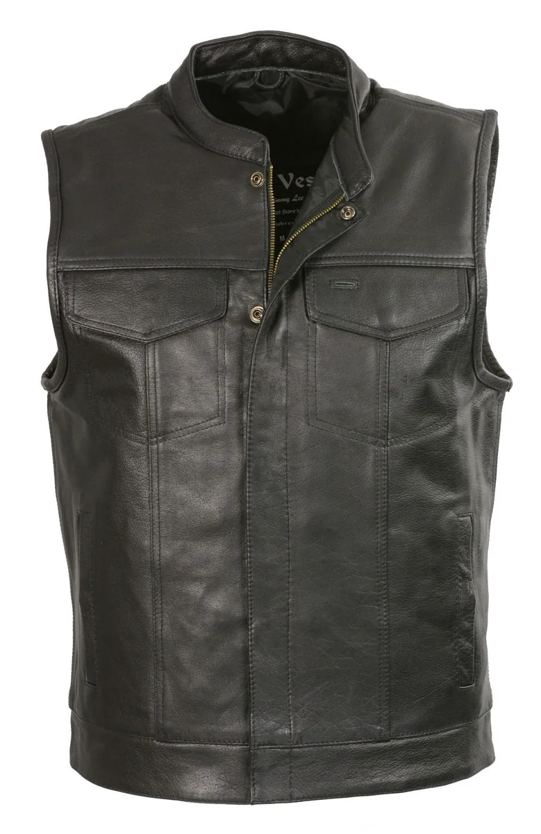 Traditional Club Vest CVM3710 Men s Leather Black Open Neck Vest with Snap and Zip Front Closure Trendy