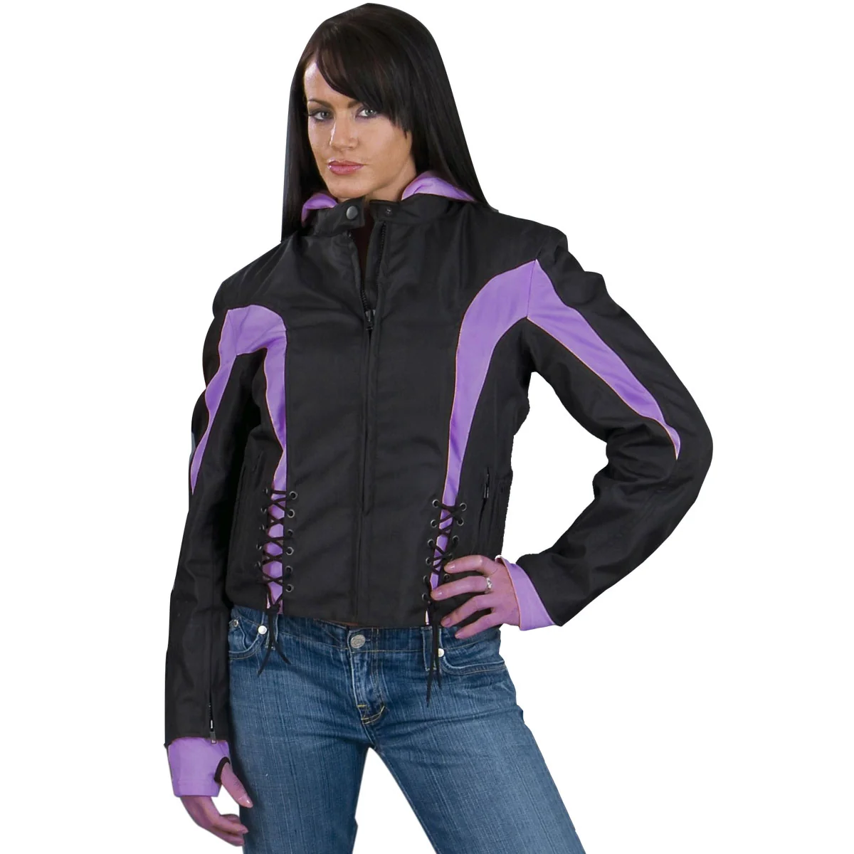 Durable NexGen Ladies SH1906 Black and Purple Textile Racer Jacket with Hoodie Original Design