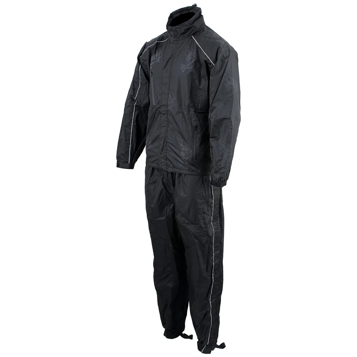 Exclusive NexGen SH2334 Men s Black Water Proof Rain Suit with Reflective Flame Skull Design Prestigious