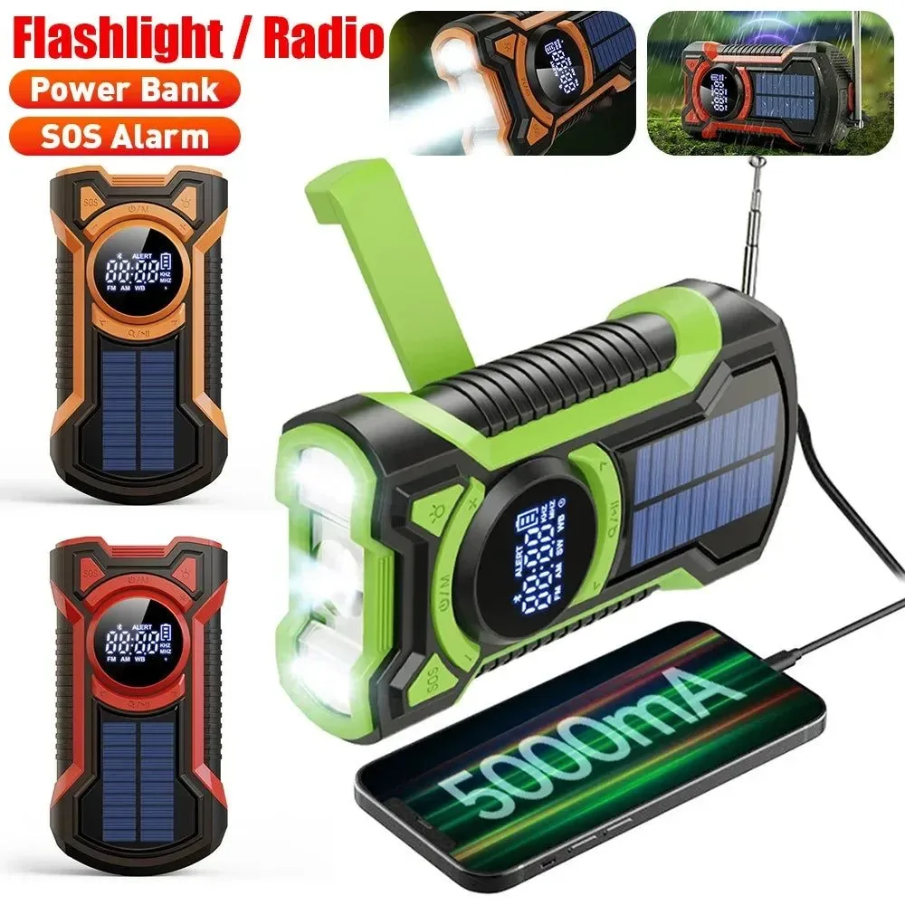 Solid Solar Emergency Weather Radio Bluetooth-Compatible Hand Crank Phone Charger LED Flashlight SOS Alarm Fast