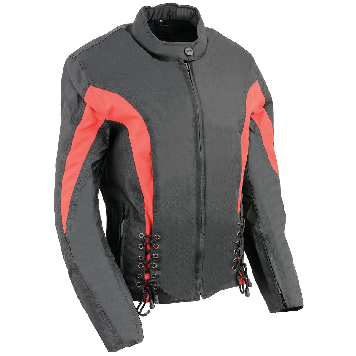 Prestigious Nexgen SH2188 Women’s Black and Red Textile Motorcycle Riding Jacket with Side Stretch and Lacing Contemporary