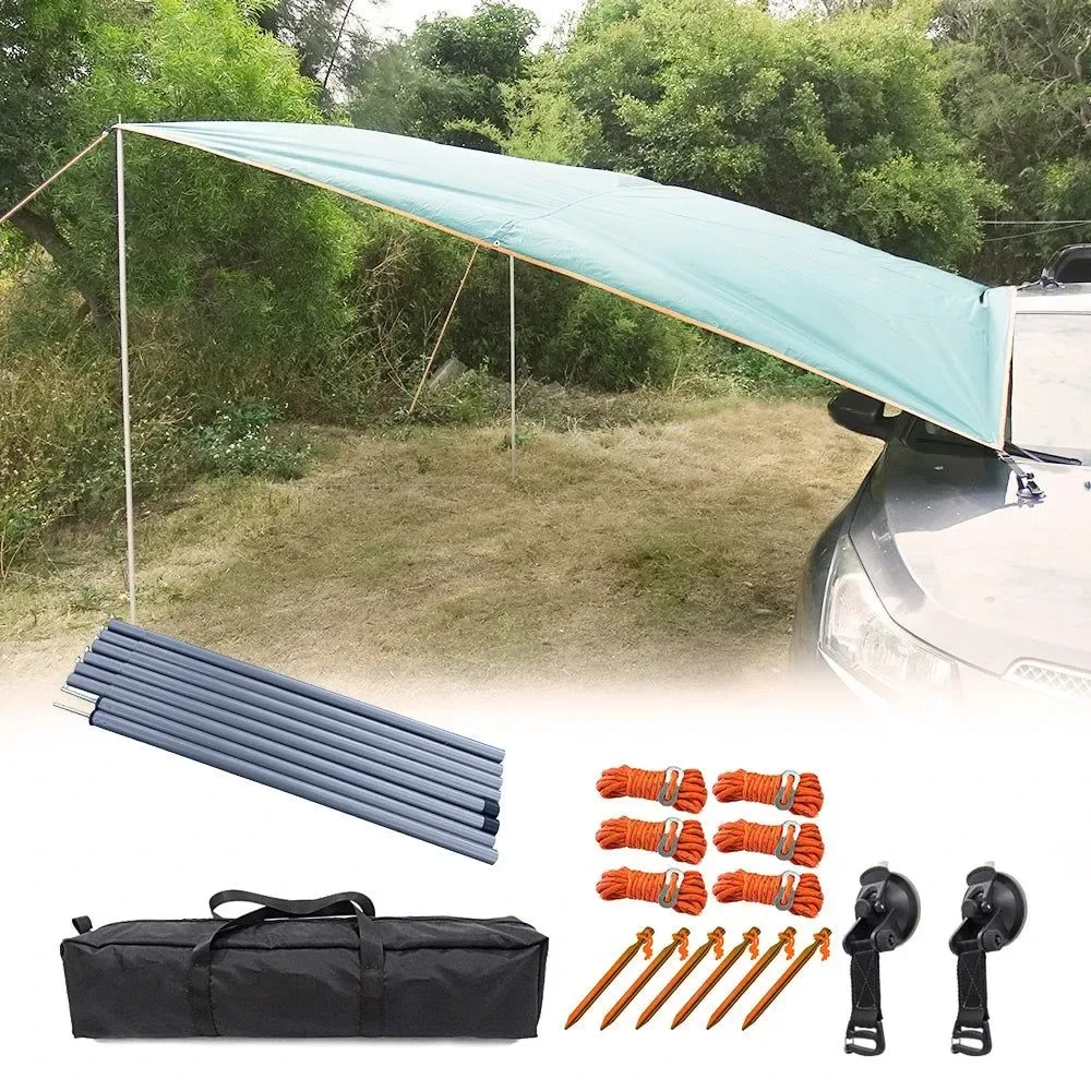 Fast 3x4m Car Side Awning Waterproof Canopy Shade and Sun Shelter with Pole Rope Peg and Suction Cup Anchor High-Quality