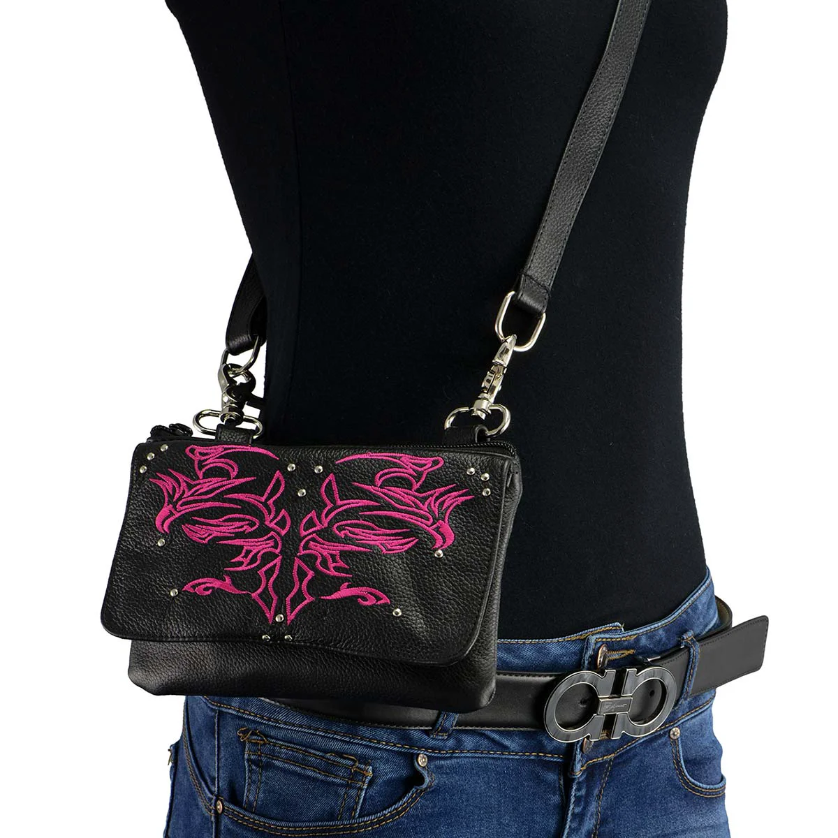Natural Milwaukee Leather MP8852 Women’s Black and Pink Leather Multi Pocket Belt Bag Superior