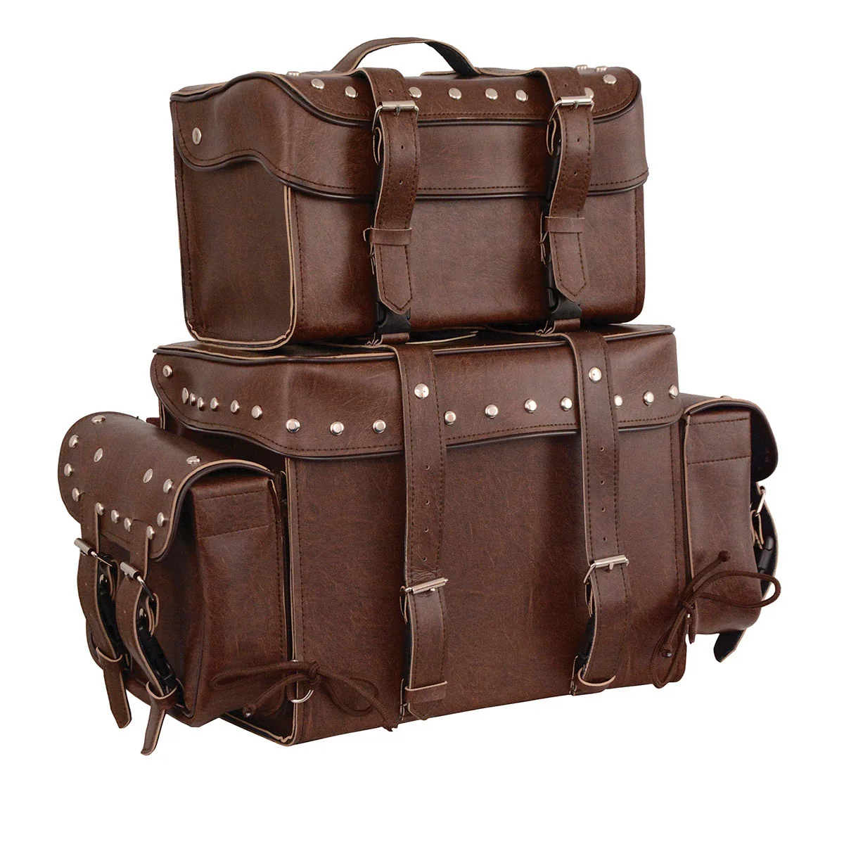 Traditional Milwaukee Leather MP8127RT Large Retro Brown 4-Piece Studded PVC Motorcycle Bag Touring Pack Fine Crafted