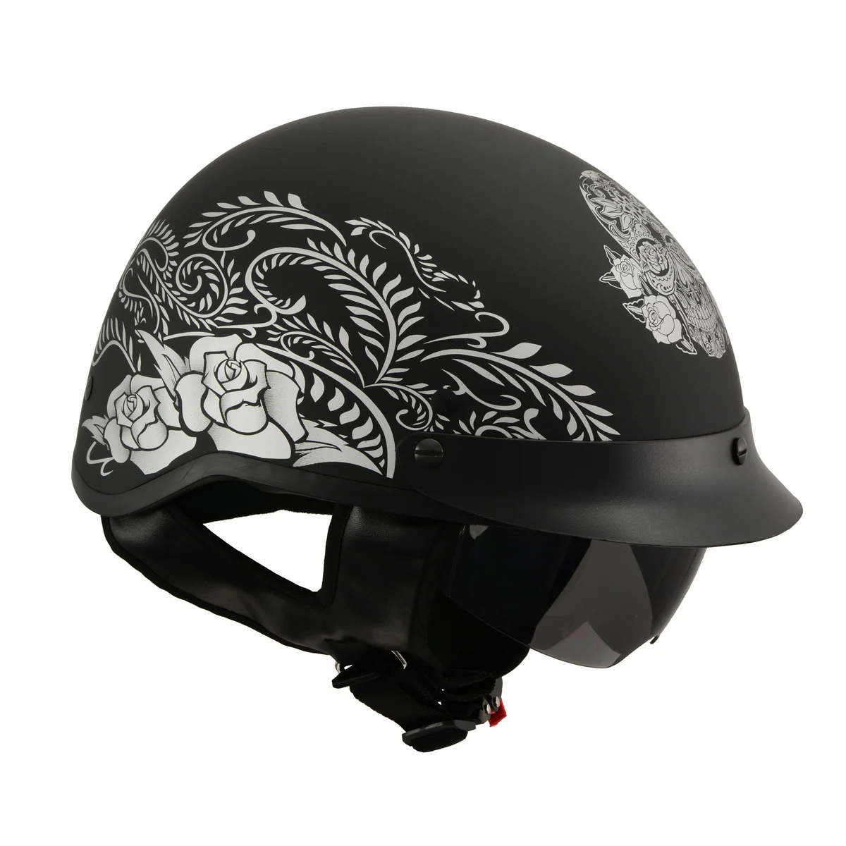 Fashionable Milwaukee Helmets MPH9725DOT Sugar Skull and Rose Matte Black DOT Helmet with Drop Sun Visor Efficient