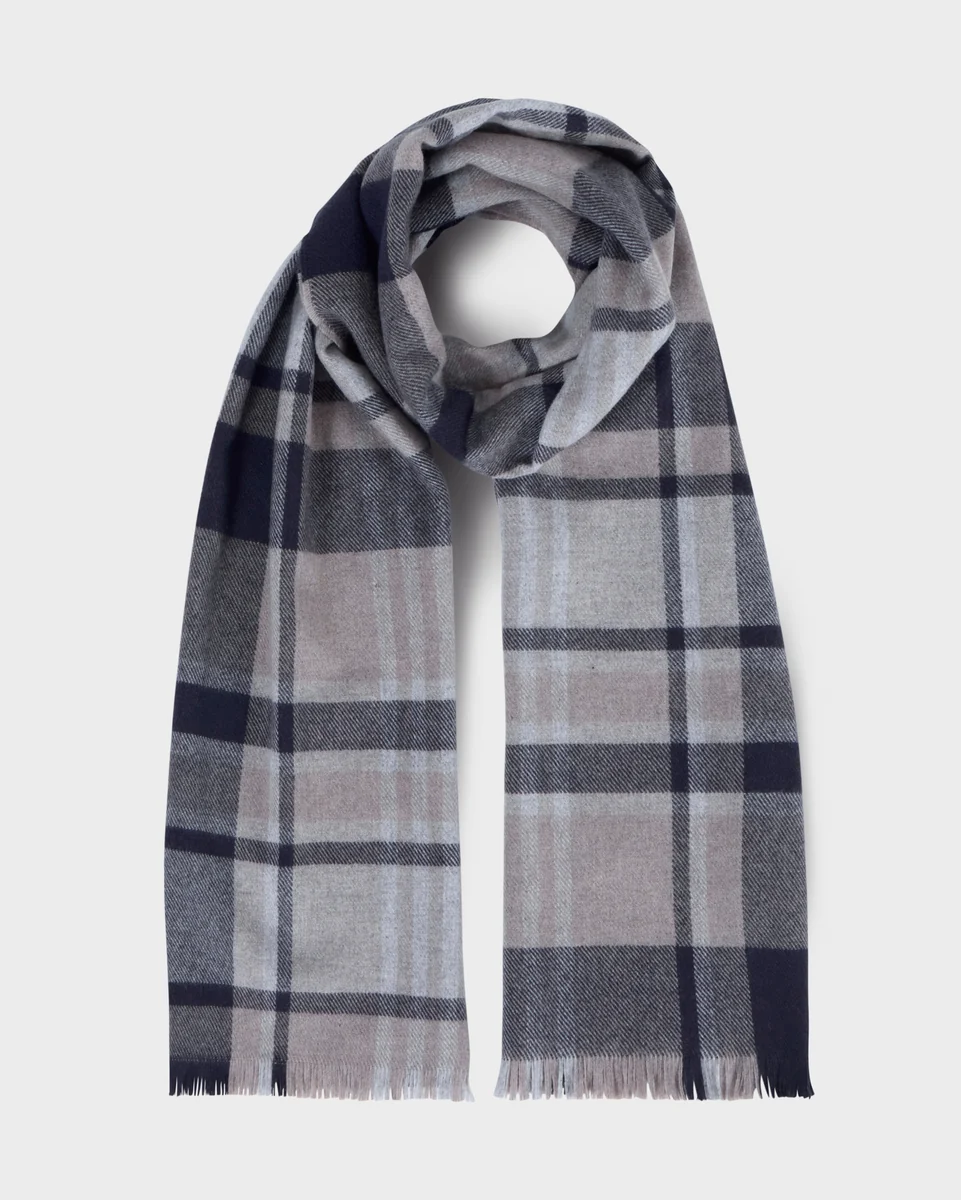 Lightweight Foxford Navy and Mink Tartan Fine Wool Cashmere Blend Scarf Long-Lasting