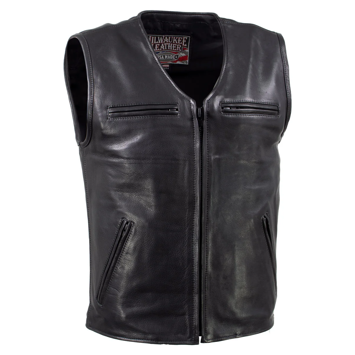 Original Milwaukee Leather USA MADE MLM5009 Men’s Black Slinger V-Neck Motorcycle Premium Leather Zippered Vest Classic