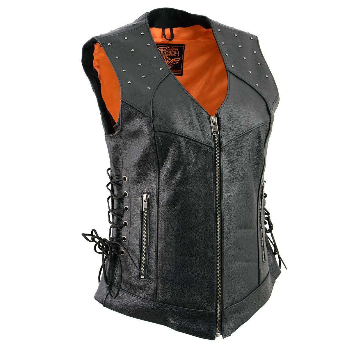 Green Milwaukee Leather MLL4504 Women’s Classic Black Leather V-Neck Riveted Motorcycle Rider Vest with Side Lace Relaxed