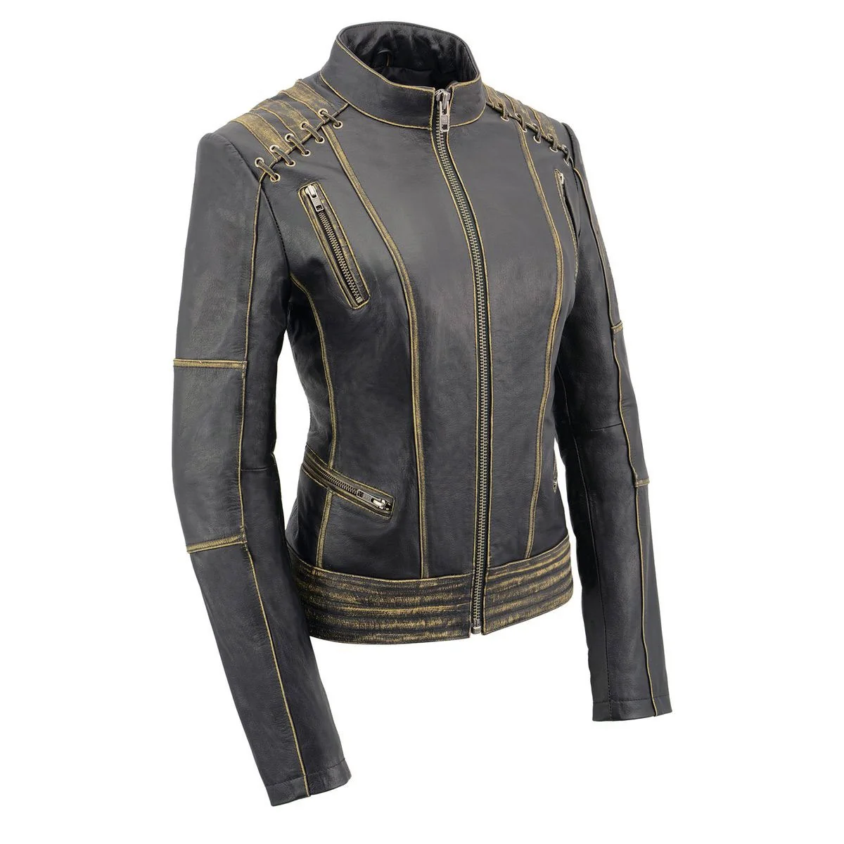 Original Milwaukee Leather MLL2527 Women’s ‘Elegant’ Distressed Brown Detail Laced Leather Jacket Eco-Friendly