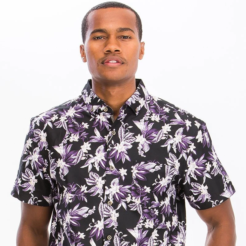 Lightweight Men’s Floral Short Sleeve Shirt – Black Button-Up with Vibrant Purple Flower Print User-Friendly