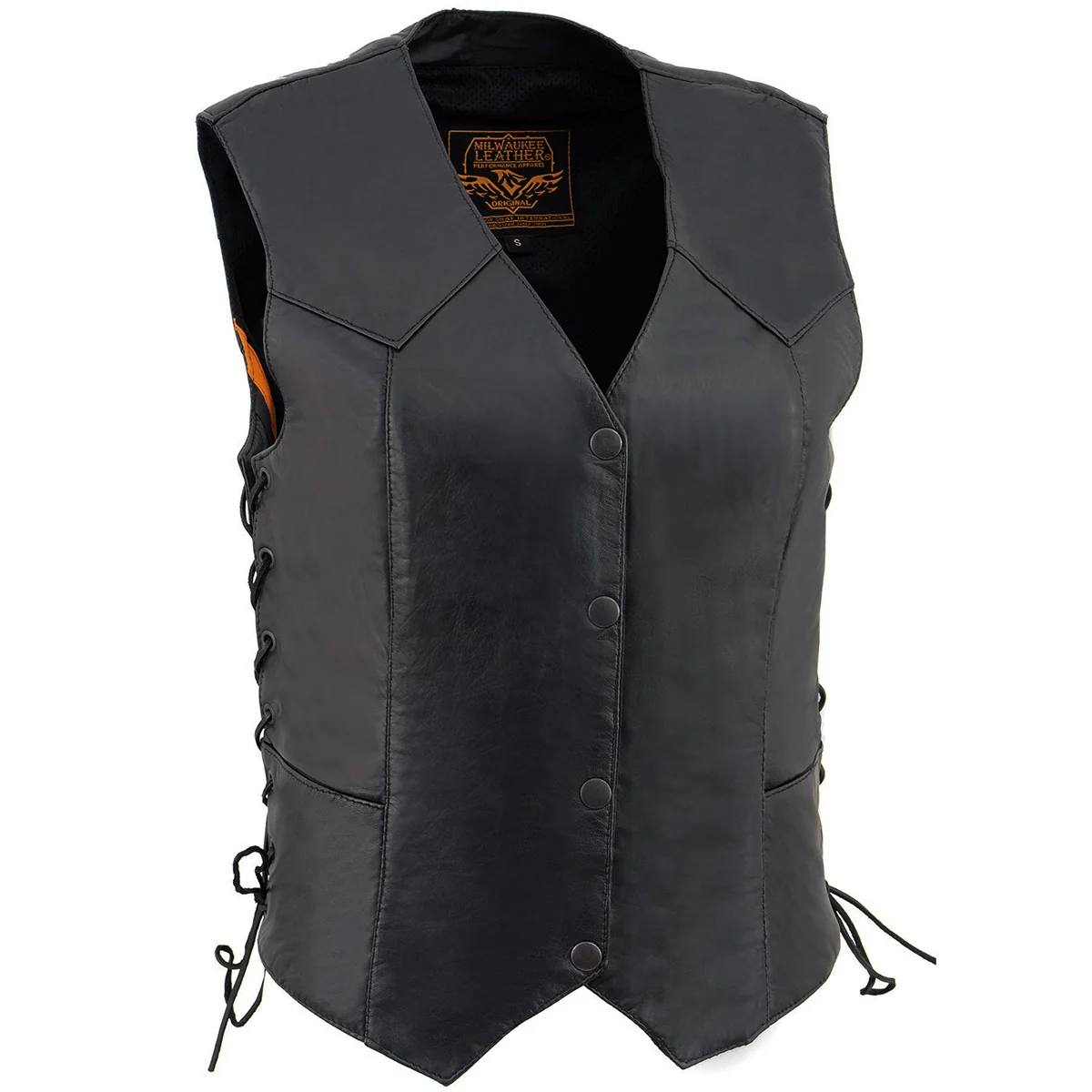 Solid Milwaukee Leather SH1227L Women’s Black Leather Side Laces Classic Western Motorcycle Rider Vest W 4-Snaps Closure Flexible
