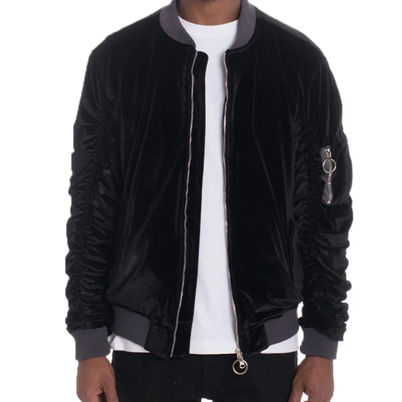 Top-Quality Men’s Velvet Bomber Jacket Luxurious Black Style with Functional Pocket World-Class