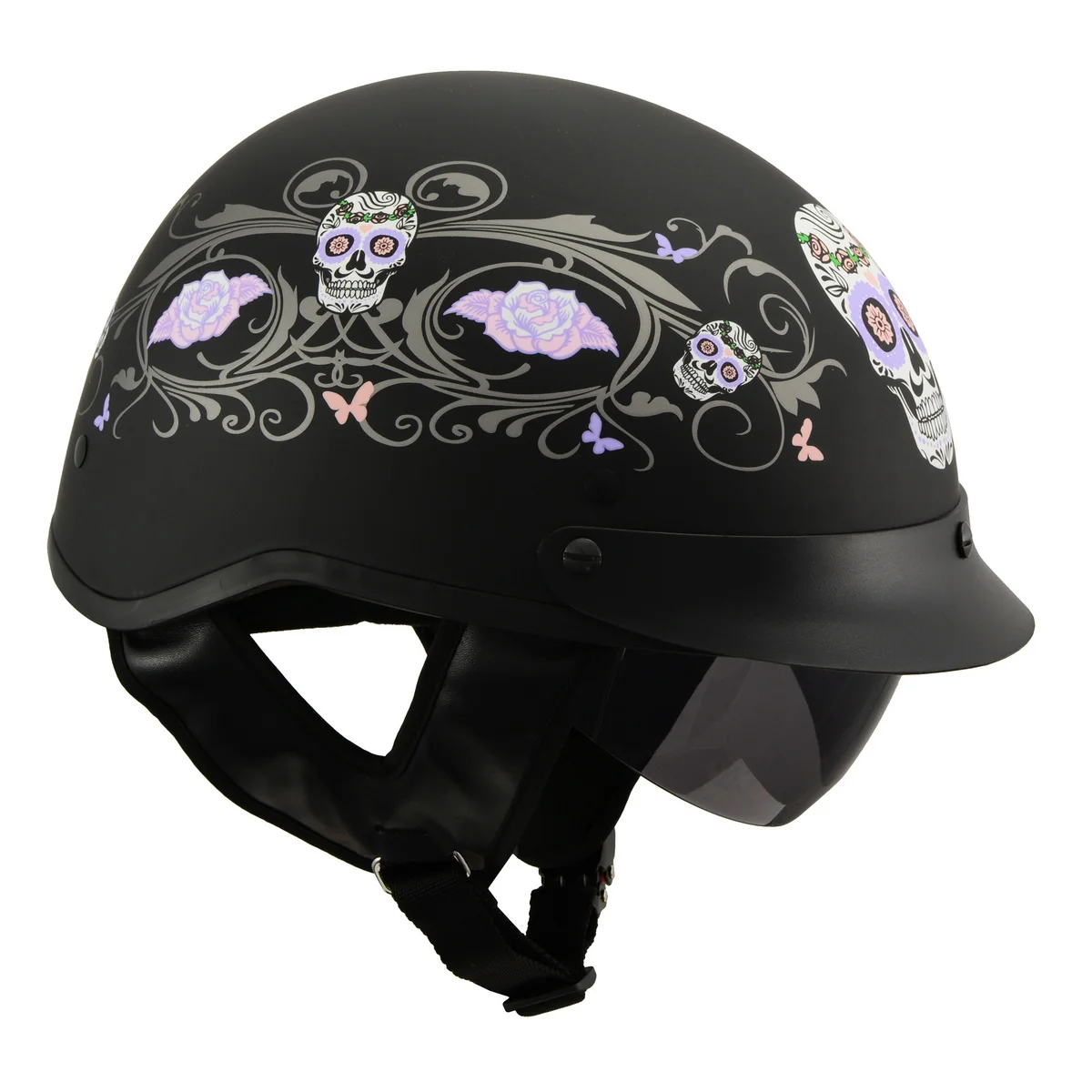 High-Quality Milwaukee Performance Helmets MPH9726DOT Sugar Skull Matte Black DOT Half Helmet w Drop Down Visor Reliable