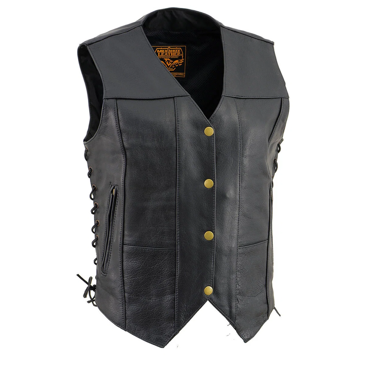 Classic Milwaukee Leather SH1292 Women’s Black Leather Side Lace 6 Pocket Motorcycle Rider Vest- Antique Color Snap Closure Fine Crafted