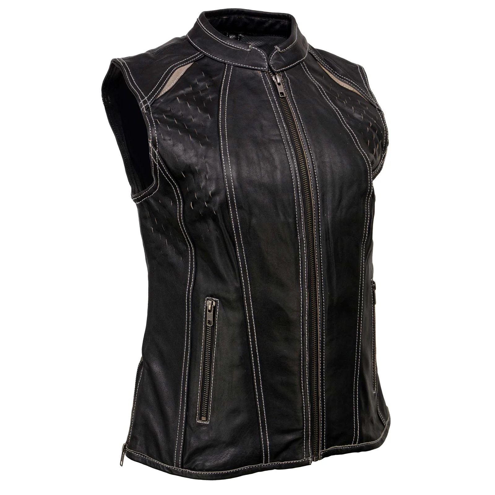 Original Milwaukee Leather MLL4507 Women’s Black Leather Grey Accented Laser Cut Vented Scuba Style Motorcycle Rider Vest Flexible