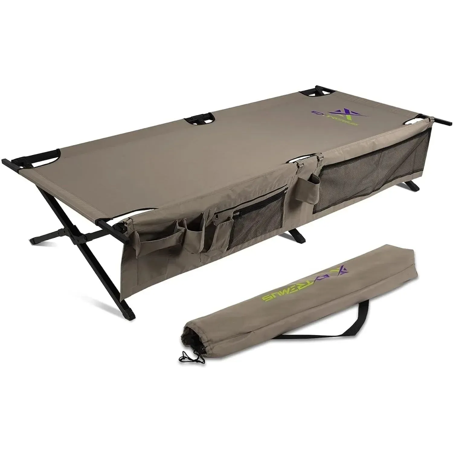 Fine Extremus Komfort Folding Camp Cot – 300 lbs Capacity Heavy-Duty Steel Frame 300D Polyester Sleeping Surface for Camping Home High-End